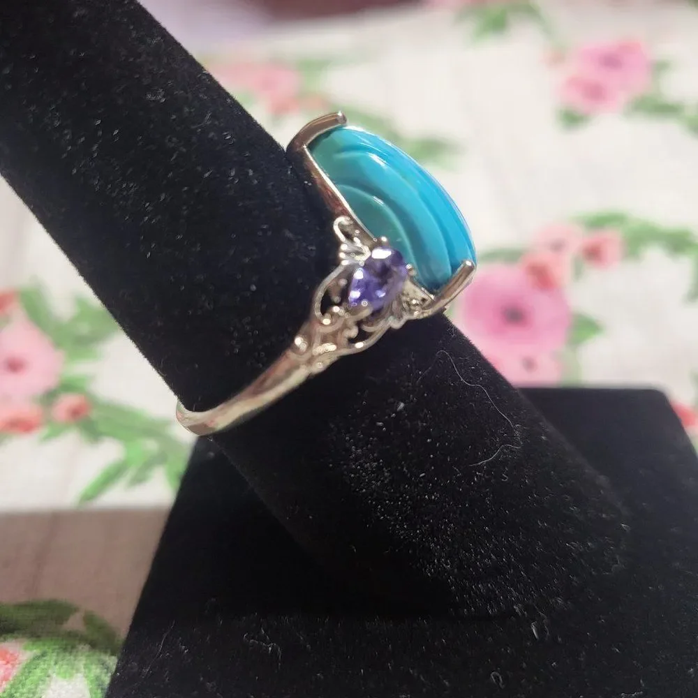 Sleeping Beauty Carved Turquoise & Tanzanite Sterling Silver Ring